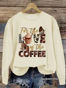 Women's Love Coffee Chocolate Milk Tea Graphic Pattern Round Neck Long Sleeve Sweatshirt, Casual Fitted Pullover, Medium Stretch Elastic, All-Season Comfort
