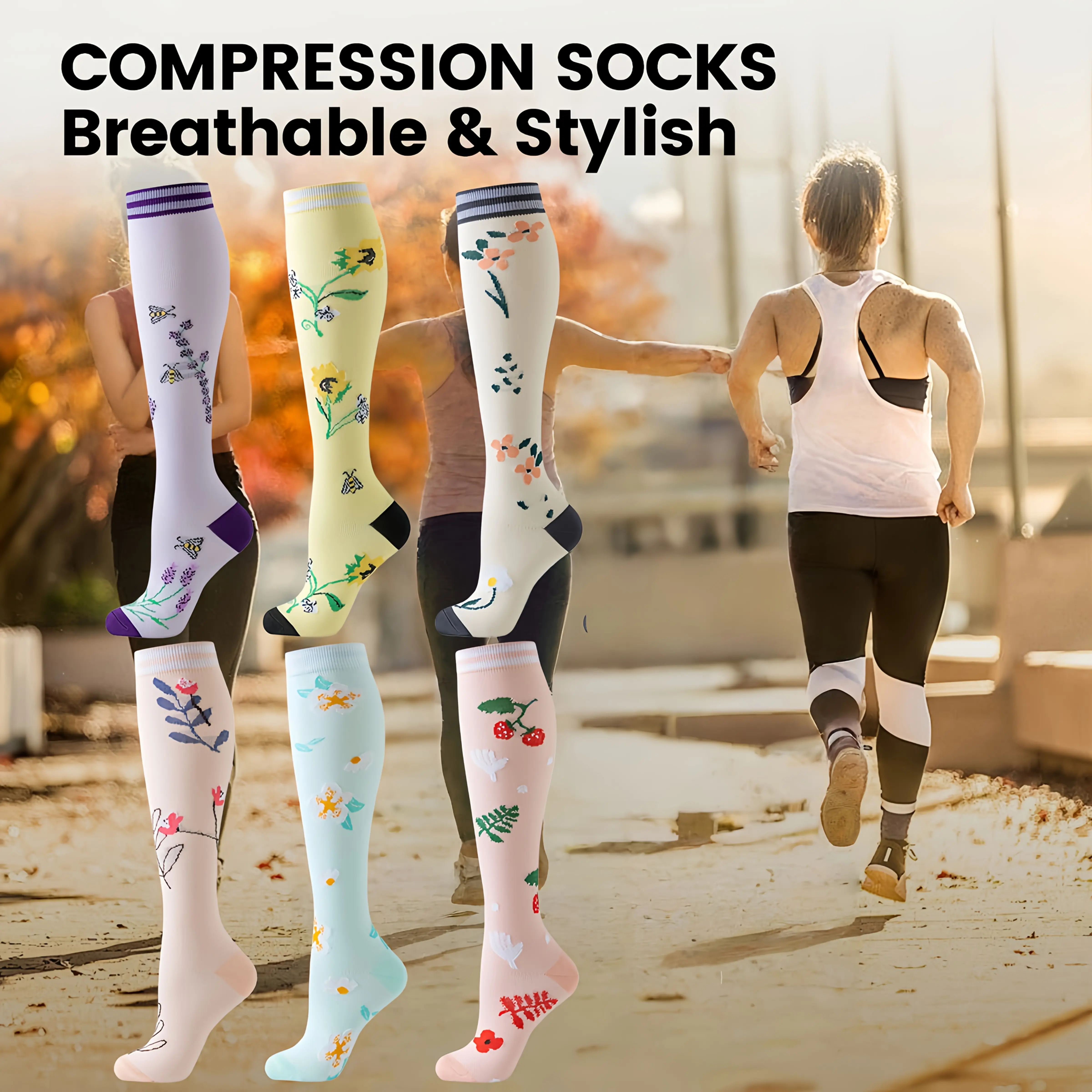 6 Pairs Floral Compression Socks, Breathable Knee-High Socks for Men & Women, Athletic Nursing Socks, Ideal for Running, Cycling, Hiking, 2026 New Design, Perfect Birthday Gift