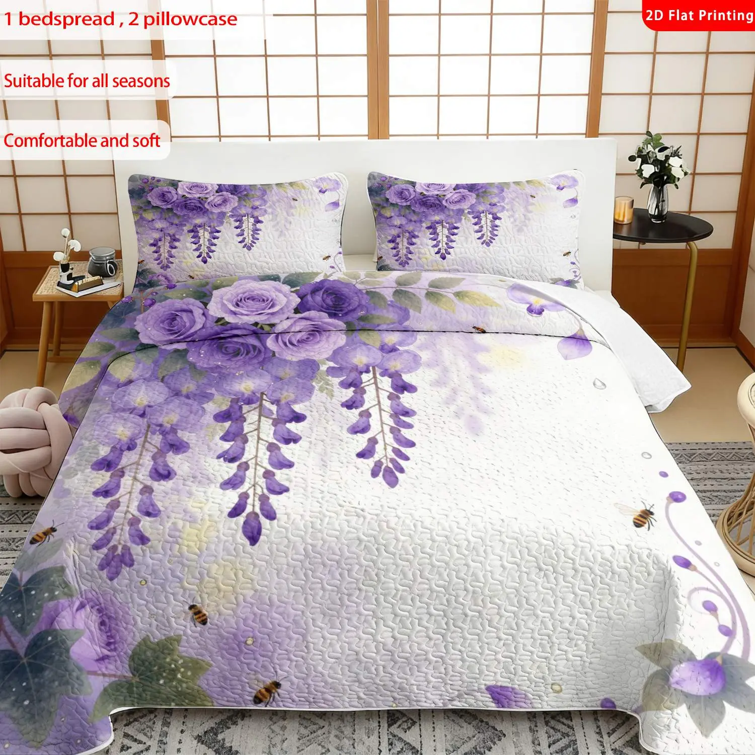3pcs, 2D Flat Print Elegant Purple Floral Wisteria & Rose Quilted Bedspread Set, Romantic Aesthetic, Soft Comfort, Multiple Sizes Available, Bedding Set, Festive Decorative Bedding, Ideal for Bedroom Decor(1 bedspread , 2 pillowcase)