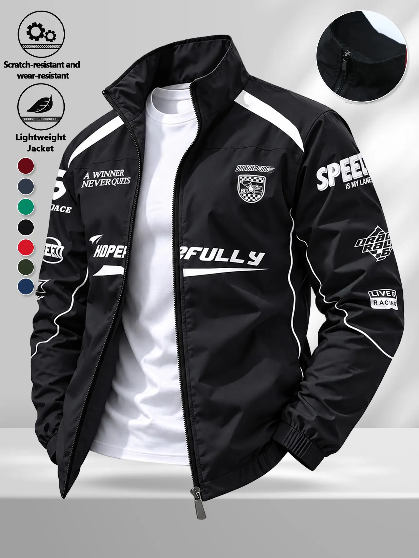 en Black Racing Style Stand Collar Jacket Multi Letter Logo Print Full Zip Elastic Cuff Spring Autumn Windproof Coat