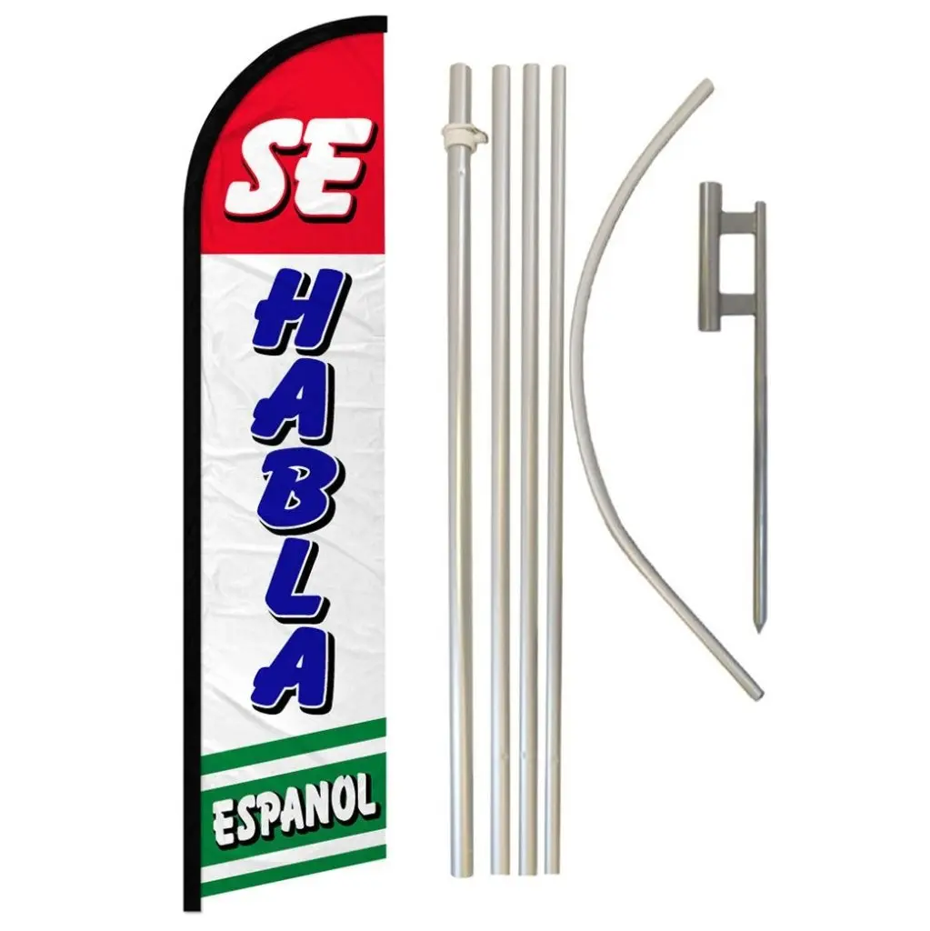 Cordless Windless Banner Flag & Pole Complete Kit, 11.5x2.5ft Stable Synthetic Polyester #3 Graphic, Curved Sleeve, Steel-Aluminum Construction, Spanish Speakers Support, Storage-Friendly Best Quality Advertising Flags & Party Decorations Banners, Outdoor