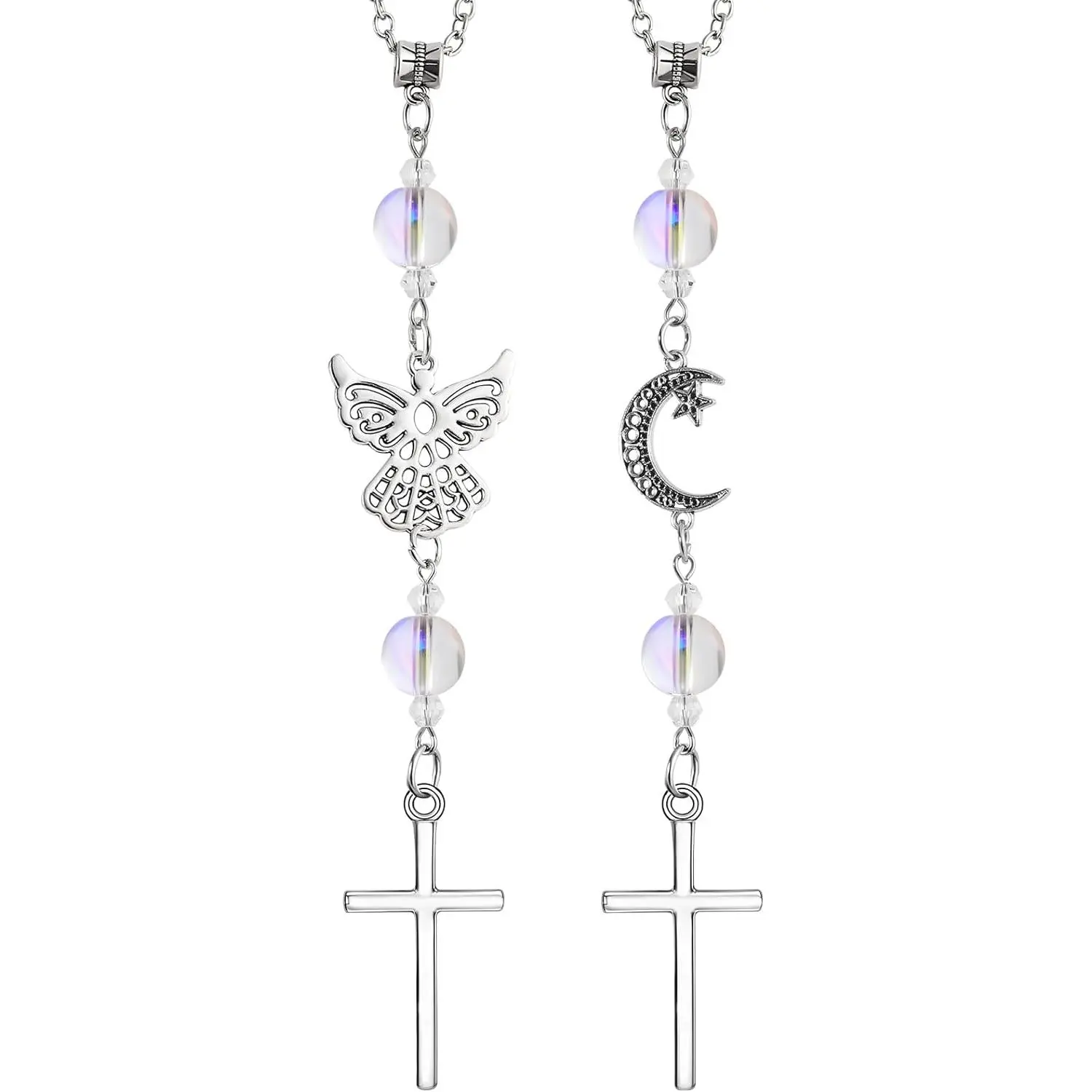 2 Pack Rear View Mirror Accessories Cross Guardian Angel  Charm,Christian   Accessories,Hanging Ornaments for Rear View Mirror,Religious Gifts for Women(Iridescent White)
