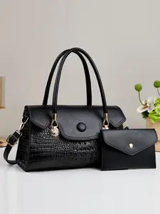 2pcs Women's Glossy Patent Leather Handbag & Clutch Set, Crocodile Pattern, Detachable Strap, Shoulder Crossbody Bag for Work, Travel & Party