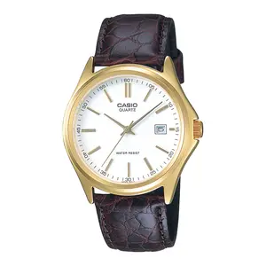 Casio Men’s Gold-Tone Analog Watch with White Dial and Brown Leather Strap - MTP-1183Q-7A