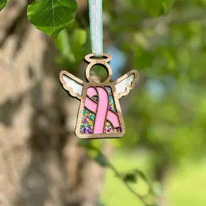 Breast Cancer Awareness Ribbon Angel Ornament | Handmade Wooden Angel with Pink Ribbon & Glitter Inlay | October Support Gift