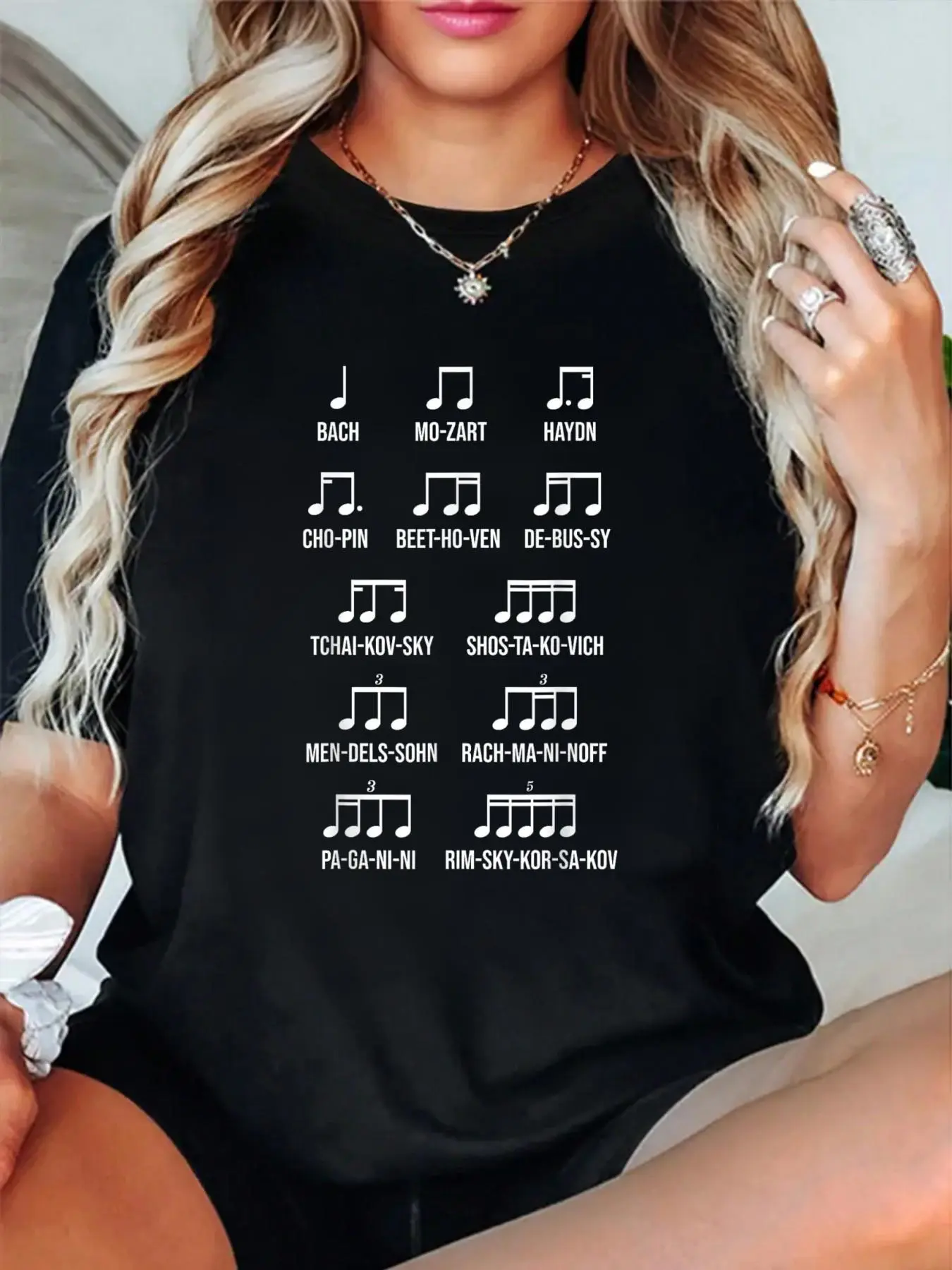 Lady's 100% Cotton Short-Sleeve Round Neck Loose T-Shirt - Composer Rhythm Music Gift (Bach, Mozart, Beethoven, Chopin) - Breathable Comfort Fit Graphic Top for All Seasons, Shortsleeve, Style, Tshirt, Casual, Streetwear, Jackets