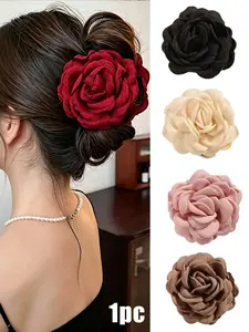 Elegant French Style Large Rose Hair Clip for Women, Fabric Mimic Flower Design, Casual Daily Commute Accessory, Lazy Chic Hairstyle