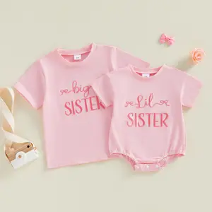 Infant Baby Girl Short Sleeve Romper T shirt Letter Little/Big Sister Embroidery Round Neck Bubble Onesie Bodysuit Newborn Jumpsuit