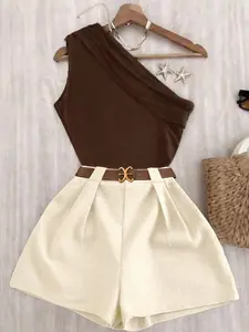 Women's Spring Summer Knitted Casual Fashion Commuter Shorts Set, High Stretch Pleated Top with Elastic Waist Pants Womenswear