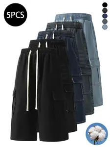 Pack of 5 men’s summer jeans: loose cargo mid-length jeans with high cotton content—moisture-wicking and breathable to prevent sweating; retro street style, versatile men’s pants.