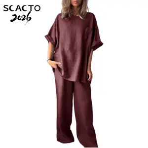 Scacto Crewneck Two-Piece Set For Women Summer Casual Oversized Split Hem Shirts & Side Pocket Biker Shorts Minimalist Lounge Wear Soft Viscose Fabric Comfy Homewear Cozy Pjs
