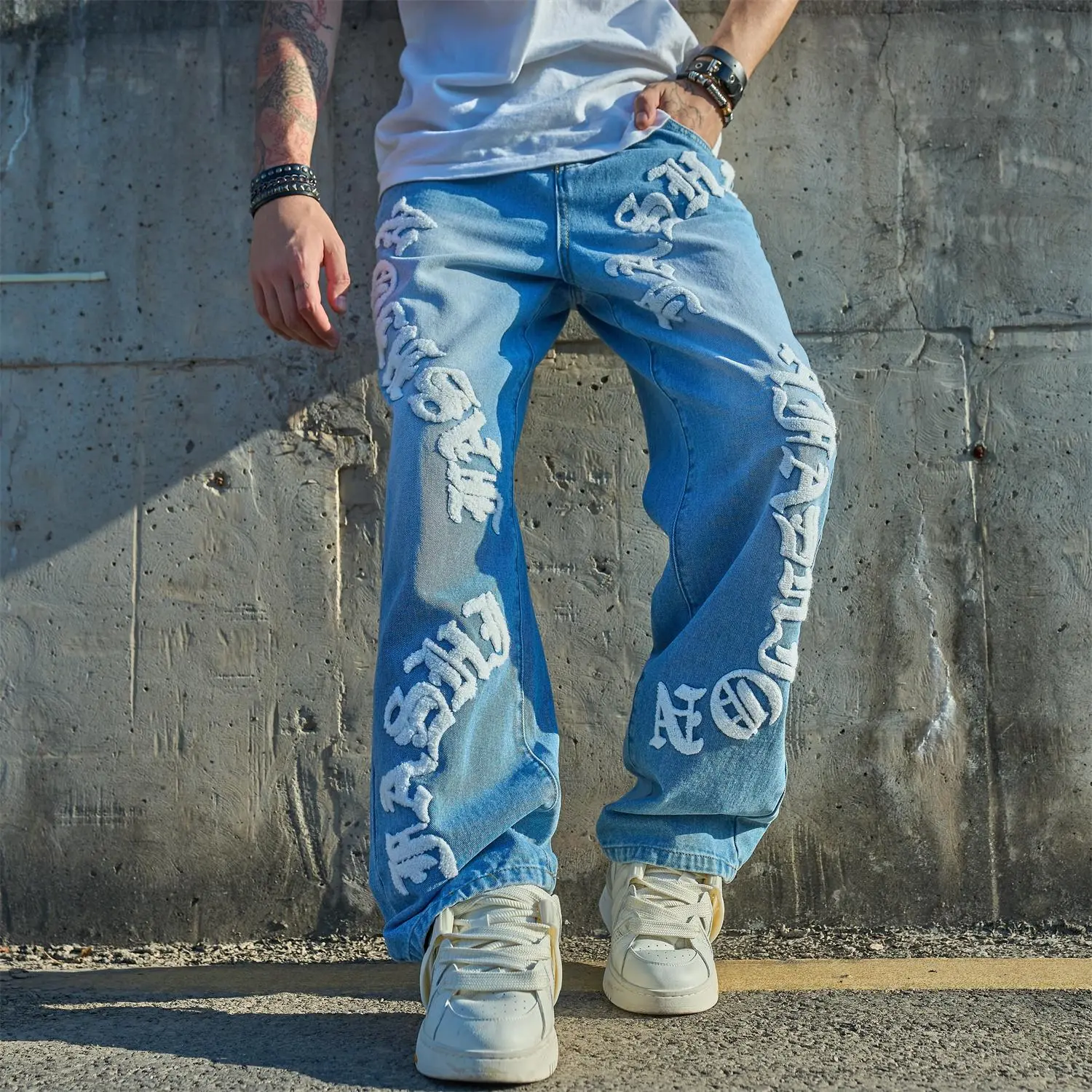 New Men's Baggy Pants Beige Denim Jeans with Letter Embroidery Loose Fit Classic Style Trouser Pocket Outfit Fathersdaygift Menswear Beige Streetwear Midrestock