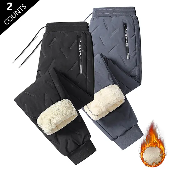 Two-piece men's casual sports pants, with drawstring, fleece-lined thick warm, cuffed pants, polyester knit fabric, slightly stretchy, suitable for autumn and winter outdoor leisure wear, men's pants, men's winter pocket pants, men's fleece-lined pants, a