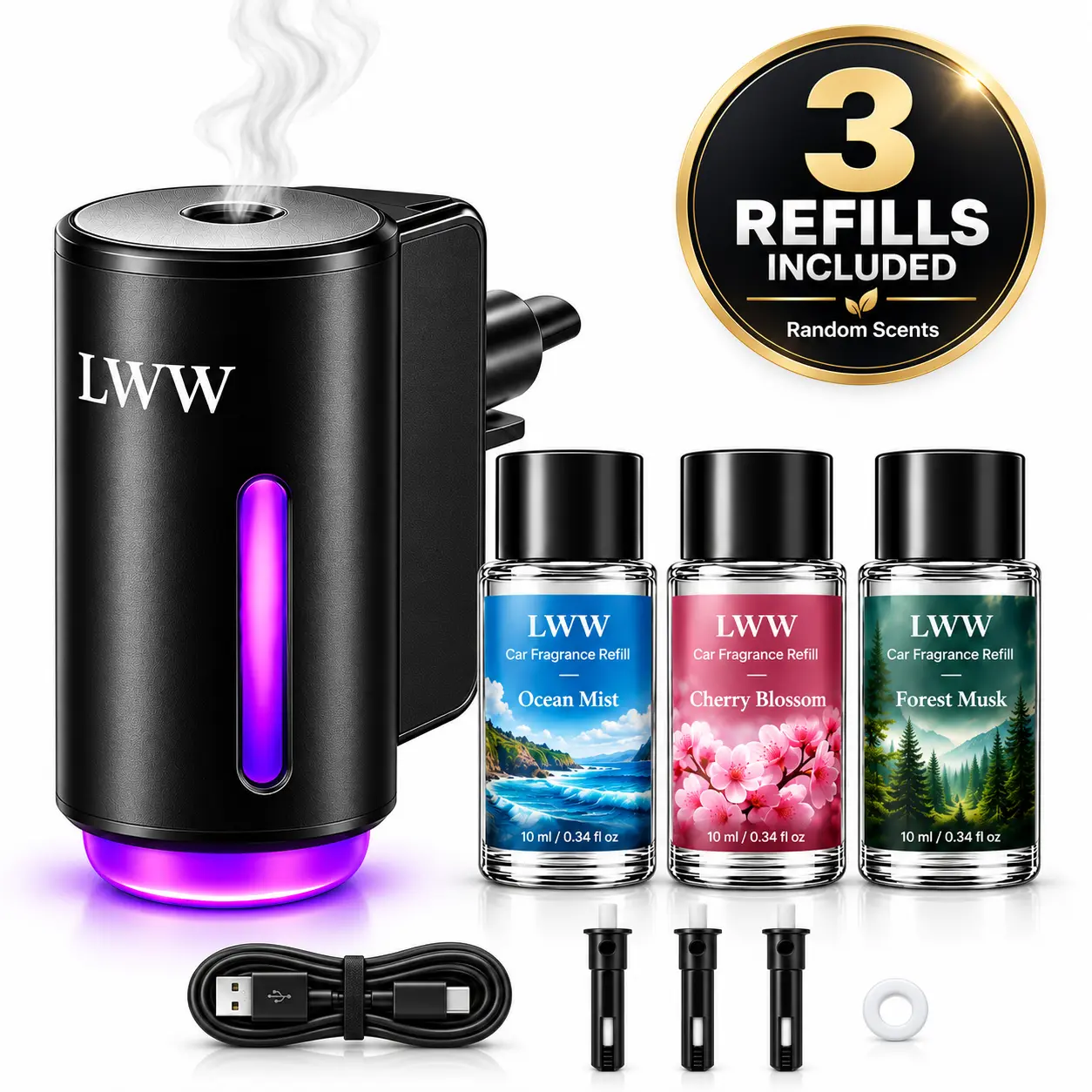 LWW Waterless Car Diffuser Set with 3 Fragrance Refills, Smart Portable Car Air Freshener, 3 Adjustable Scent Levels, Car Aroma Diffuser for Vehicle Interior