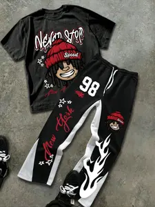 Men's Never Stop Cartoon Print Two-Piece Sportswear Set, Trendy Style for Casual Gatherings, City Running, Young Fashion, Sweatsuit Sets, Tracksuit Sets