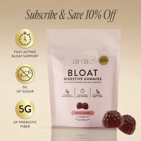 Arrae Bloat Gummies | Fast-Acting Bloating Relief Peach Lemon Gummies | Clinically Proven| 28 ct| Natural Healthcare Dietary Supplement Edible Fiber Bathroom Fitness Fitness