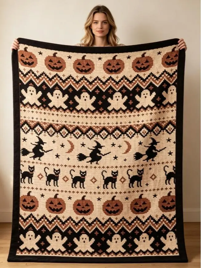 Nordic Knitted Halloween Blanket - Flannel Fabric, Pumpkin, Ghost, Witch, Black Cat Retro Fair Isle Pattern, Retro Look, Soft Warm Fleece Throw for Dorm Rooms, Women's Teens Gift, Halloween Aesthetic, Knitted Texture