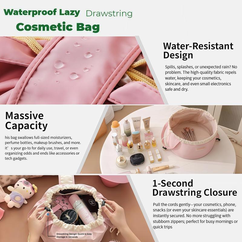 All in One Lazy Drawstring Makeup Bag for Beauty Girls Essential for Home Travel & Business Trips Portable Organized Waterproof Synthetic Material drawstring purse Christmas gift everyday makeup bag Cosmetic Pouch Large Capacity Spacious Premium Material