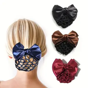 1pc Elegant Vintage Bowknot Hair Clip Snood Net Barrette – Stylish Bun Cover with Lace Bow Decor for Women, Single Pack, Available in Navy Blue, Black, Brown, and Burgundy, Hair Accessory | Vintage Bowknot Design | Fabric Bowknot, Hair Bow Clip