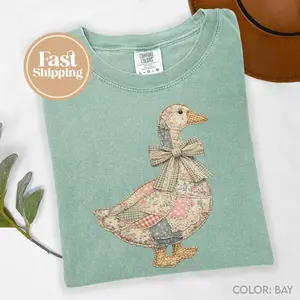 Comfort Colors Faux Patchwork Grandmacore Goose T-Shirt, Easter Graphic Tee, Floral Retro Coquette Duck Shirt, Cottagecore Gingham Spring Tee, Graphic Print Shirt