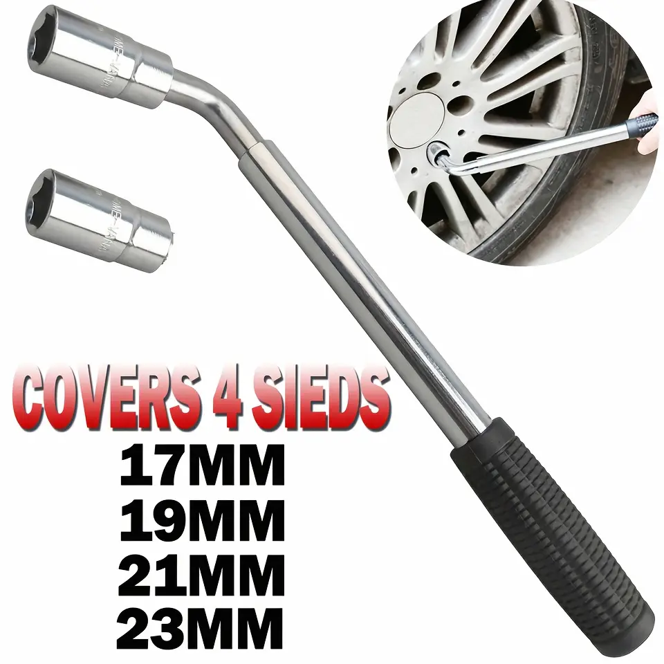 High-Torque 4-Way Extendable Lug Nut Wrench with Dual Sockets (17/19mm & 21/23mm) - Chrome Steel Telescoping Handle for Easy Tire Repair