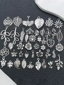 40pcs Antique Silver Color Zinc Alloy Charms, Plant Leaves Branches Flowers Pendants, Jewelry Making, Craft Accessories
