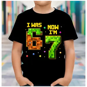 100% Cotton Youth 7 Year Old Birthday I Was 6 Now I'm 7 Six Seven Meme T-Shirt, Pixel Meme Gamer Graphic Tee for Birthday Boys Girls