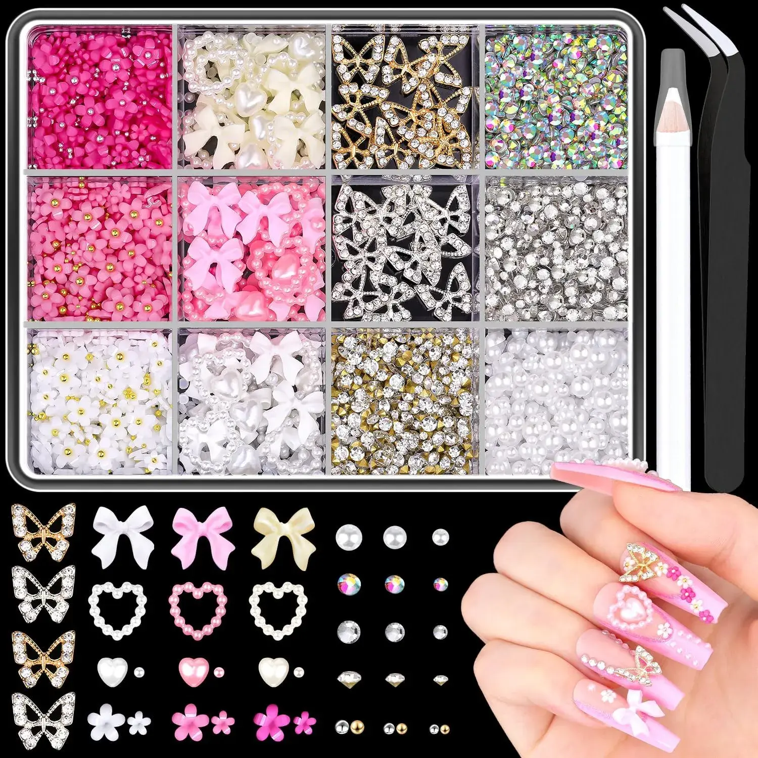 3D Nail Charms and Gems,  Chunky Butterfly Charms  Coquette Nail Bows and Hearts + 3D Flowers for Nails with Rhinestones, Pearls, Diamonds and Picker Tools for Y2K Nail Decor