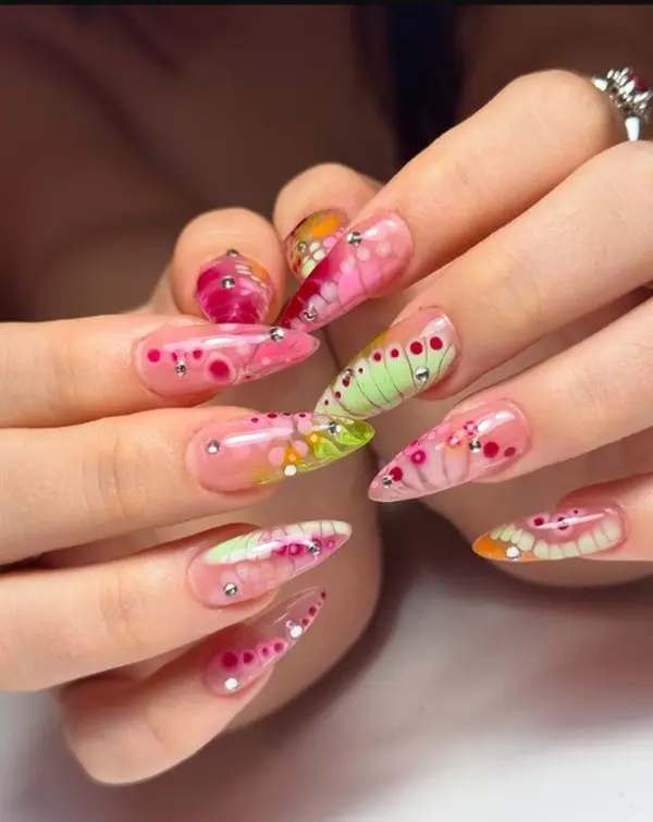Butterfly Wing Press on Nails, Artistic Ombre Stiletto Manicure, Hand-Painted Patterned Gel Nails, Unique Custom Fake Nails with Rhinestones