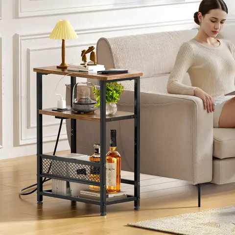 Flycity Side Table with Charging Station,2-3 Tires Narrow End Tables with USB Ports,Shelves & Magazine Rack for Small Spaces Furniture Living Room Storage Modern Nightstand Bedside Cabinet