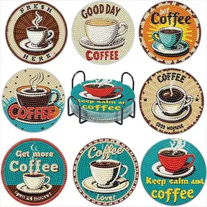 8-Piece Diamond Painted Coaster Set with Stand, Coffee Pattern DIY Art Craft Kit for Home Decoration, Silver Poplar Artificial Diamonds Gift, Diamond Painting Kits