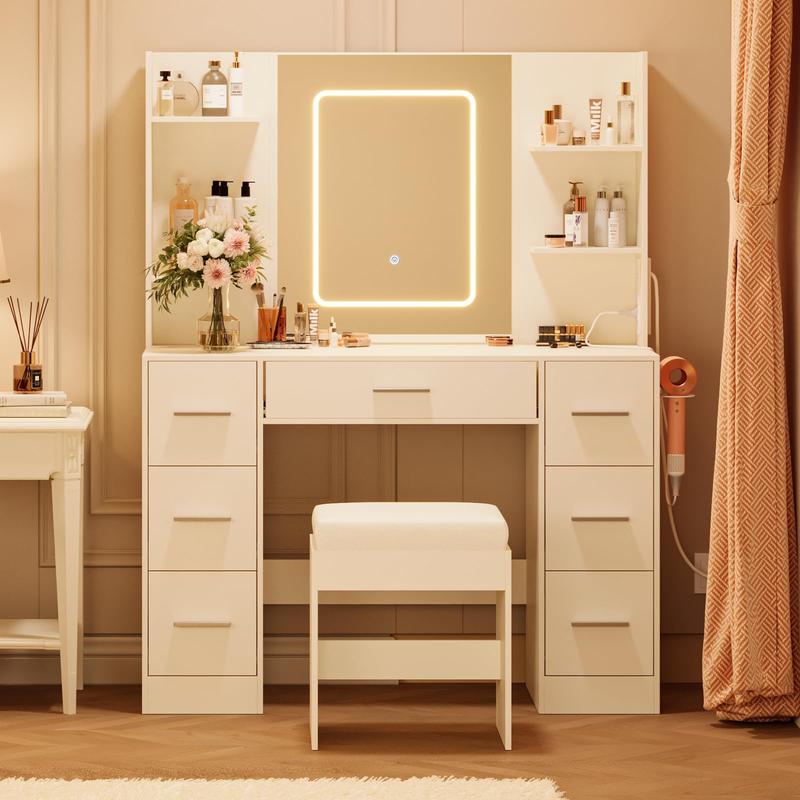 Women’s Sturdy Modern Marble-Look Makeup Vanity Desk (Vanity Desk Design, Adjustable LED Lighted Mirror, Charging Station, 7 Drawers, Built-In Hair Dryer Rack, Cushioned Stool, Quick-Install Engineered Wood, Bedroom Decor, Assembly Required)