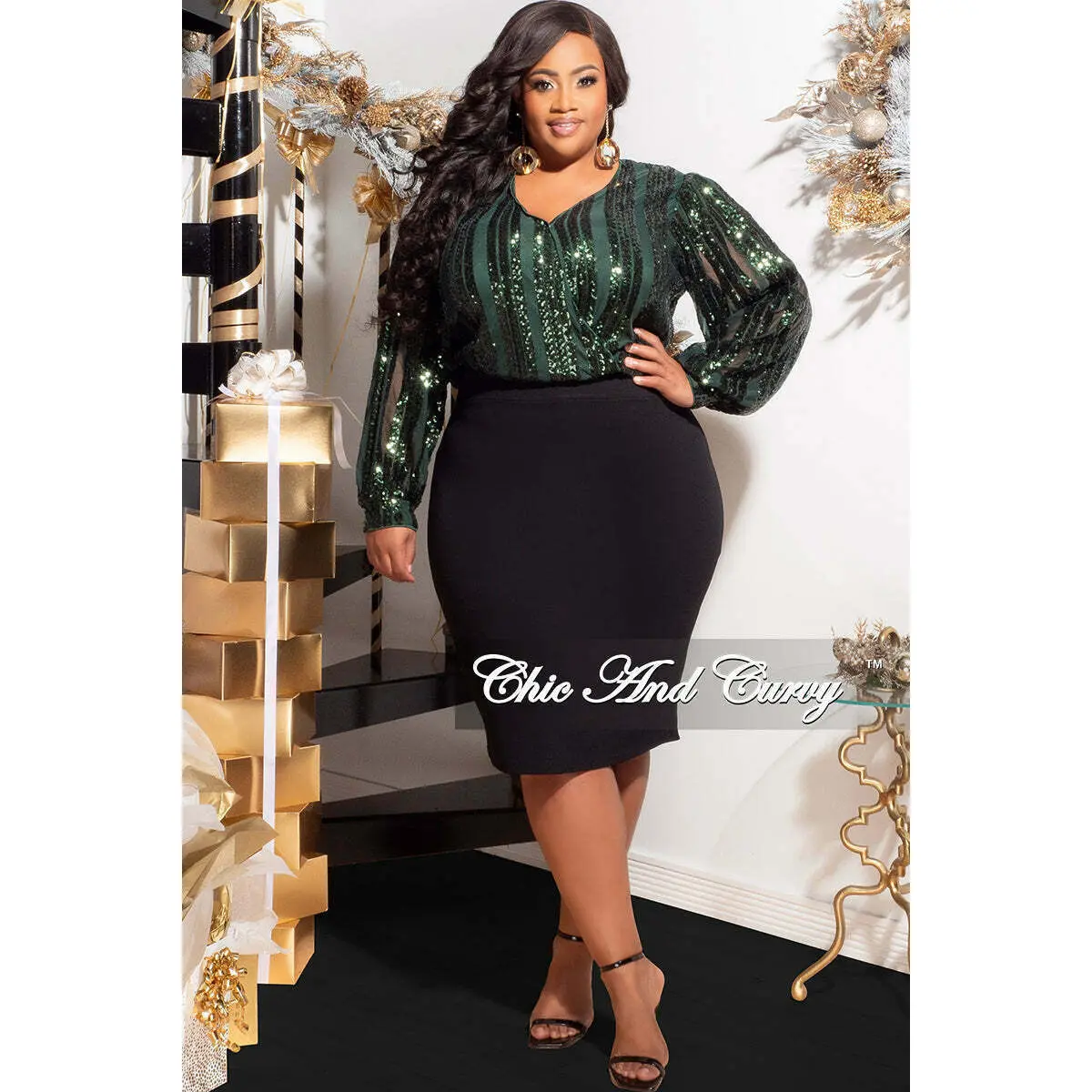 Final Sale Plus Size Faux Wrap Blouse in Green Sequin