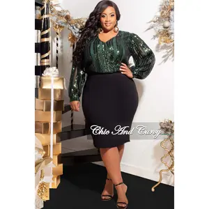 Final Sale Plus Size Faux Wrap Blouse in Green Sequin