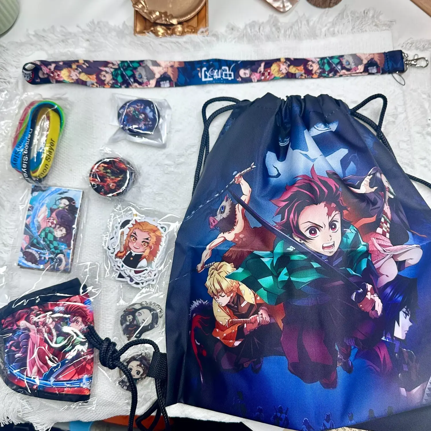Demon Slayer Drawstring Bag Set Include Drawstring Bag, Lanyard, Keychain, Stickers
