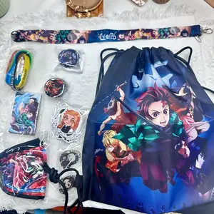 Demon Slayer Drawstring Bag Set Include Drawstring Bag, Lanyard, Keychain, Stickers