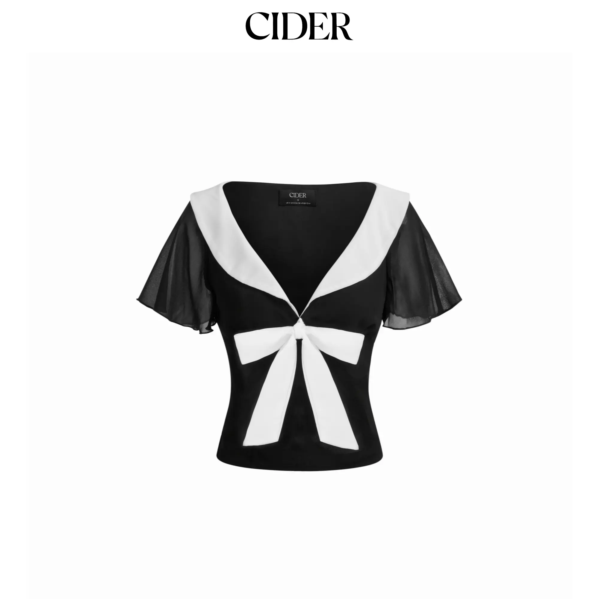 Cider Women's Chiffon Colorblock Collar Ruffle Sleeve Ruched Bowknot Blouse - Fitted Plain Top, Chic, Elegant, Casual Dress Shirt, Collared