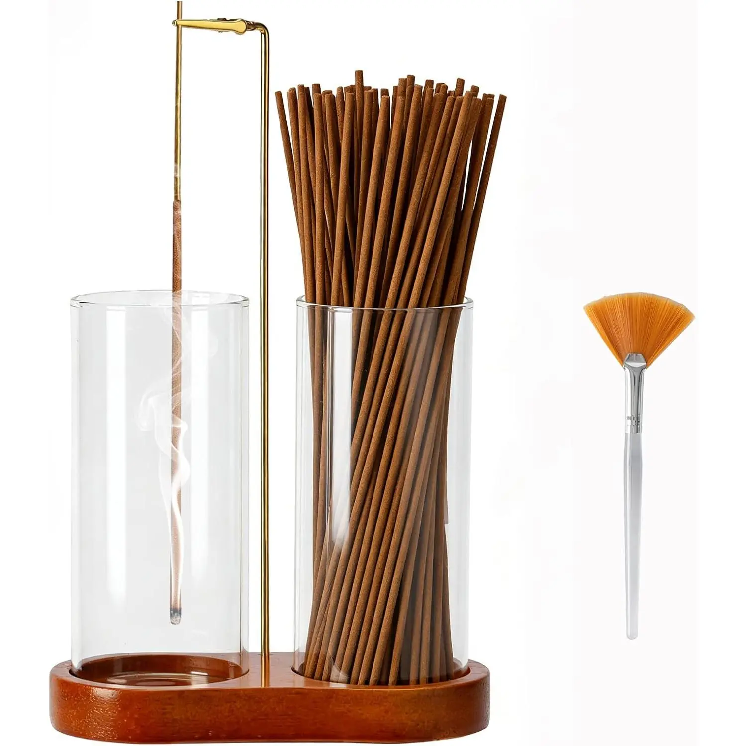 Incense holder with two tall glass bottles, wooden base tabletop incense stick holder, incense burner for collecting ash, ash container (wooden)