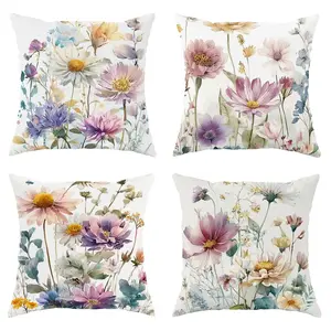 Spring Summer Colorful Floral Pillow Covers Set of 4, Hidden Zipper, Easy to Clean, Suitable for Bedroom Living Room Sofa Car Home Decor