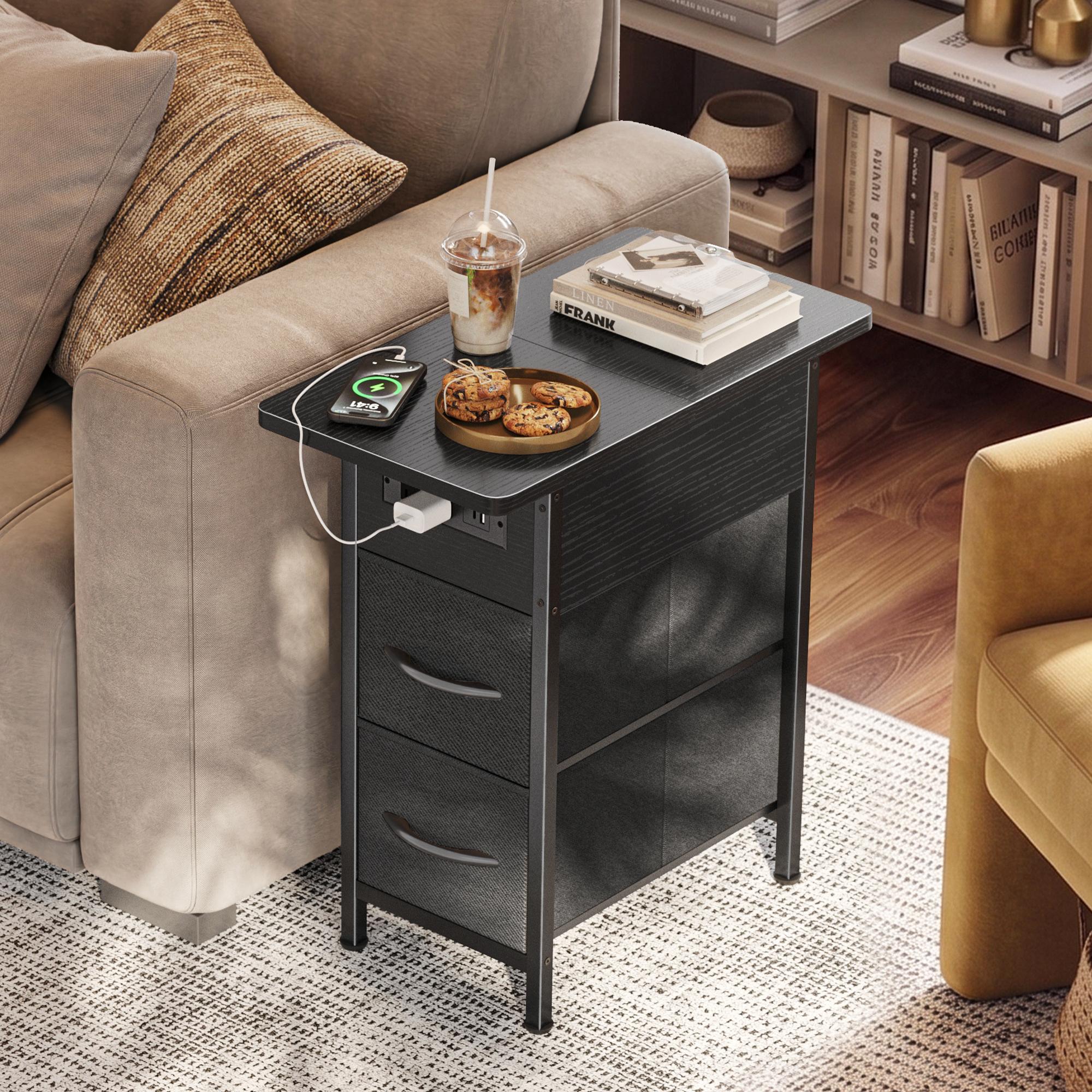 Huuger Narrow End Table with Charging Station, Flip Top Side Table with 2 Fabric Drawers, Slim Night Stand with USB-C Port for Small Spaces, Nightstand Bedside Couch Table, Living Room Huuger Narrow End Table with Charging Station, Flip Top Side Table with 2 Fabric Drawers, Slim Night Stand with USB-C Port for Small Spaces, Nightstand Bedside Couch Table, Living Room