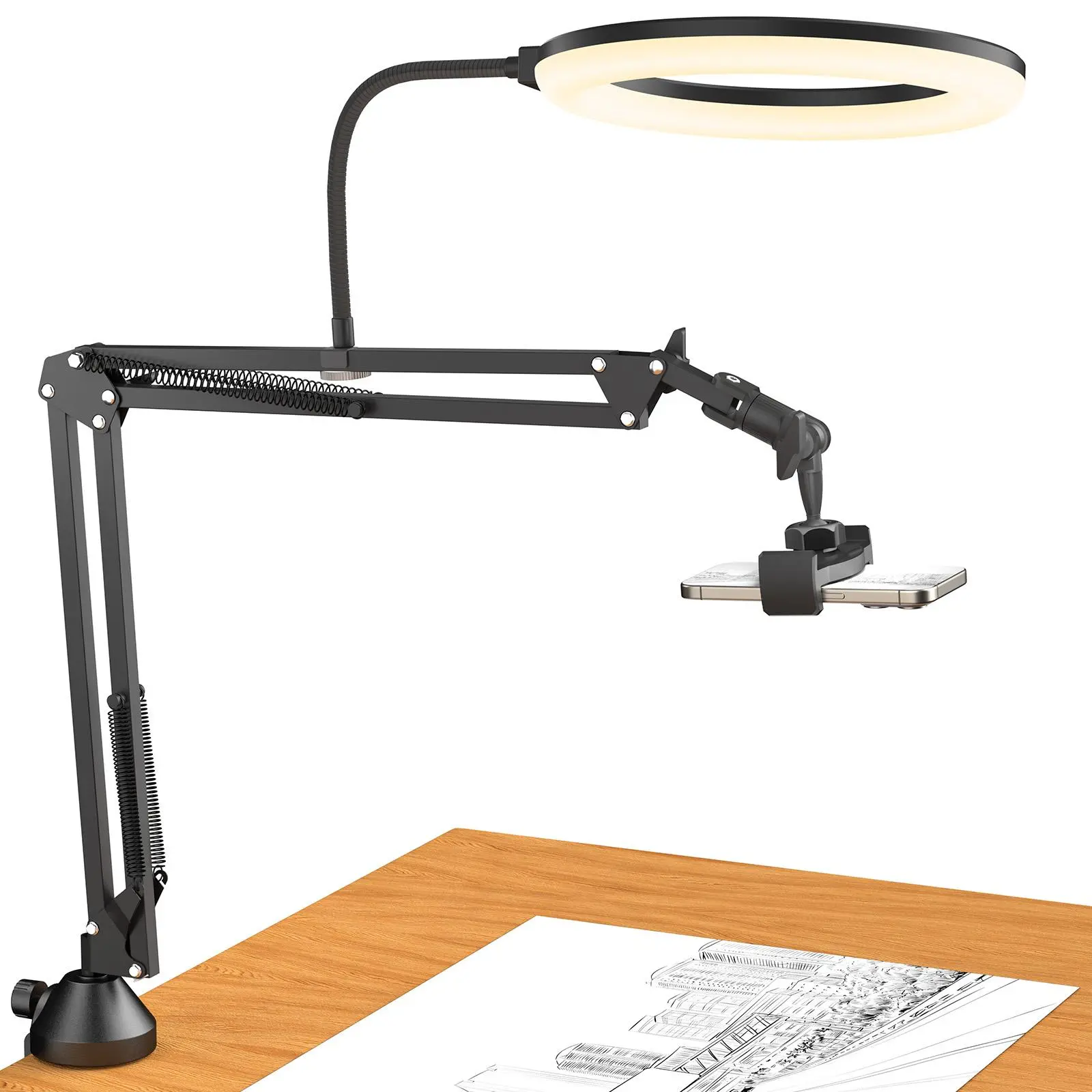 TONOR Overhead Ring Light Kit 10" Ringlight with Hefty Duty Boom Arm, Phone Holder, Adjustable Angle, 128 LED Beads, Metal Stand