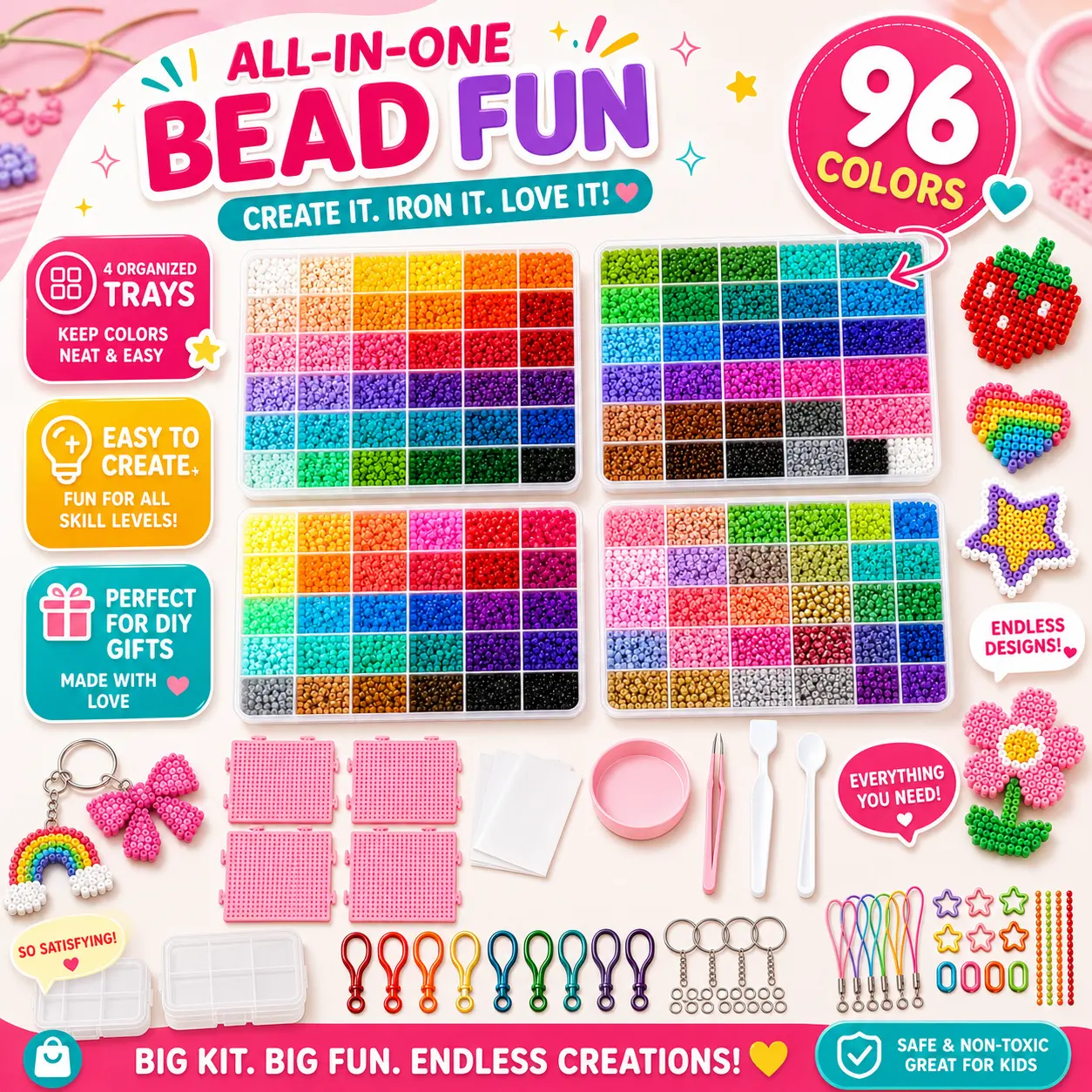 Love Pixel 2.6mm Plastic Fuse Beads Set (24/48/72/96 Colors) - 3D Pixel Puzzle DIY Craft Kit with Nail Board, Ironing Paper, Tweezers, Beading Accessories for Costume Jewelry, Keychains