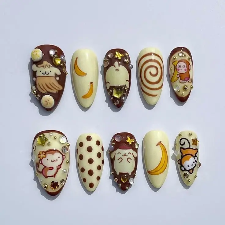 Handmade UpPompompurina Inspired Press On Nails | Kawaii Banana Chocolate 3D Almond Fake Nails with FREE Adhesive Tabs FREE Nail File FREE Cuticle Stick