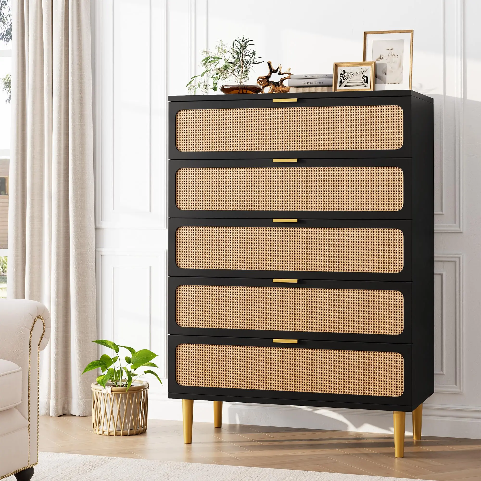 GARVEE Black Rattan 5 Drawer Dressers for Bedroom,Tall Dresser with Deep Drawers,Large Chest of Drawers for Closet with Wide Top,Long Wooden Dresser for Living Room,Hallway,Kids Room