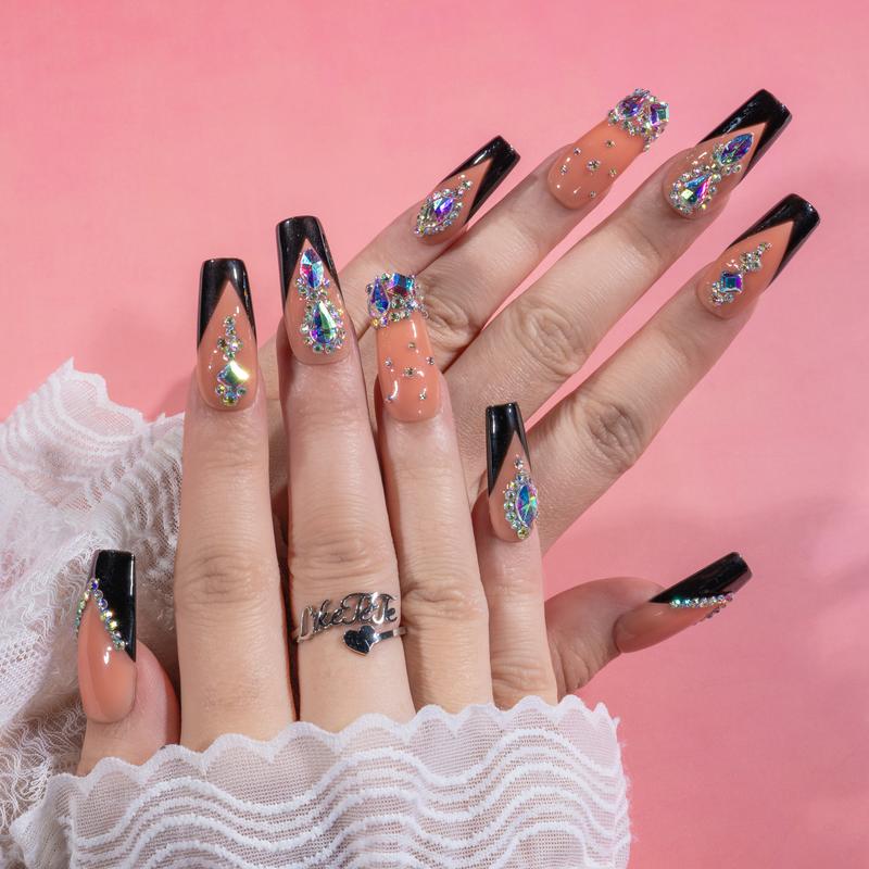 LikeTeTe  Sparkling Rhinestone salon Nails – French Tips with Chunky Crystals | Festival & Party Nail Set” Reusable Handmade Iridescent Glitter