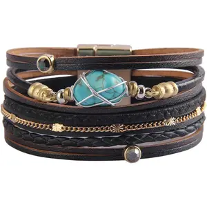 Womens Leather Cuff Bracelet  Multi Strand Bracelet Wrap Bracelet Turquoise Boho Bangle Braided Leather Wristbands Bohemian  Gifts for Women Wife Sister