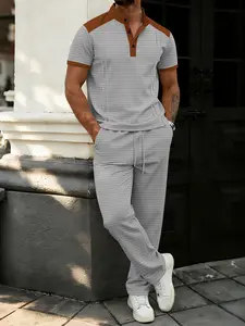 Men's Waffle Colorblock Henry Neck Set, Complete Set, Classic Sporty Casual Style, Loose Comfortable Fit, Gym Walking, Fashionable Men's Clothing, Clothing Sets, Menswear