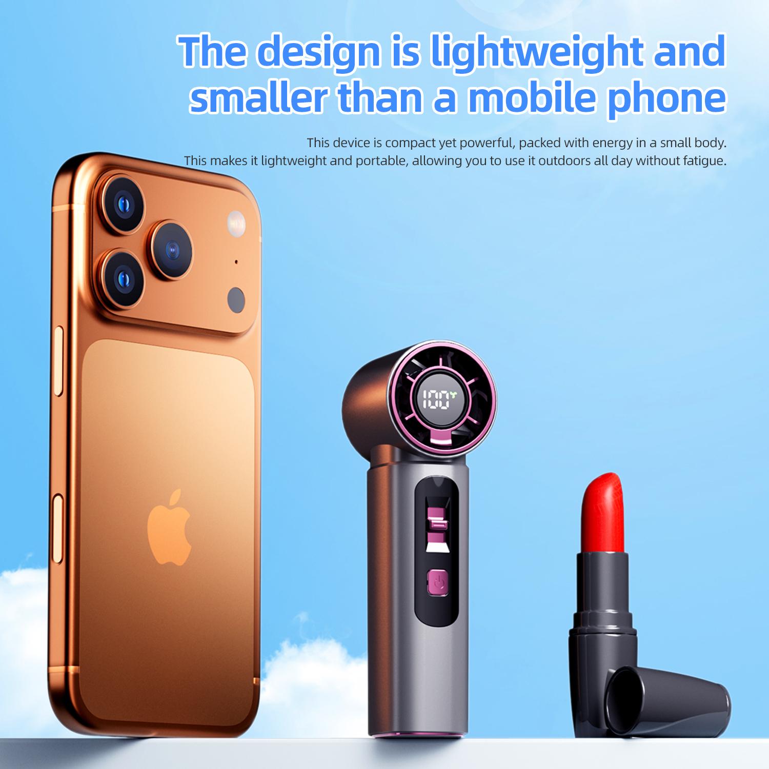 Mini handheld fan—portable and practical—featuring 100 speeds and powerful airflow. It features a digital LED display, Type-C charging, and a long-lasting battery. Ideal for outdoor use, work, and travel. Usb Protection
