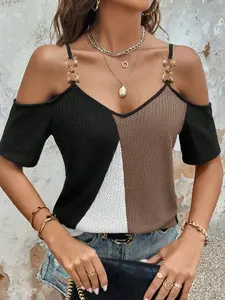 Women's Summer Color Block Patchwork Metal Detail Cold Shoulder Short Sleeve T-Shirt, Stylish Casual Top for Daily Wear