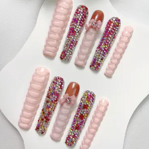 Rhinestone and Bow Decor Fake Nails, 10pcs Glossy Long Square Press on Nails with Nail File & Tape for Women & Girls DIY Nail Art, Sparkly Studded Rhinestone Elegant Stick on Nails Kit, Nails Press Ons